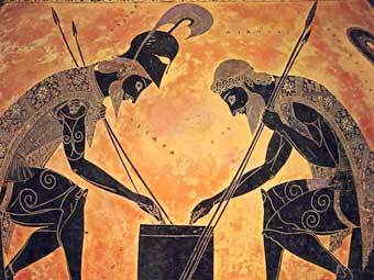 Ахилл и Аякс играют в кости. Роспись амфоры Эксекия. Репродукция с сайта unisa.ac.za Ахилл и Аякс играют в кости. Роспись амфоры Эксекия. Репродукция с сайта unisa.ac.za